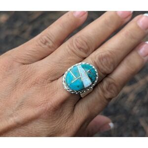 Handcrafted Navajo Turquoise Opal Inlay Oval Tri-Cut Ring Signed NA Sz 12 US**